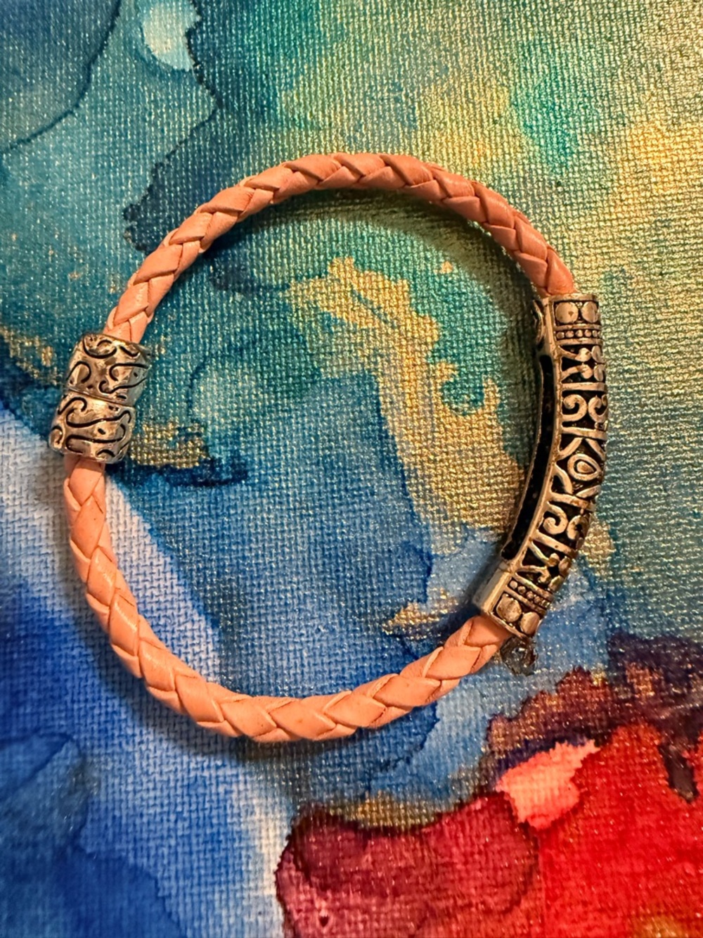 Premier Designs Vintage Pink Braided Leather Bracelet with Silver-Tone Accents